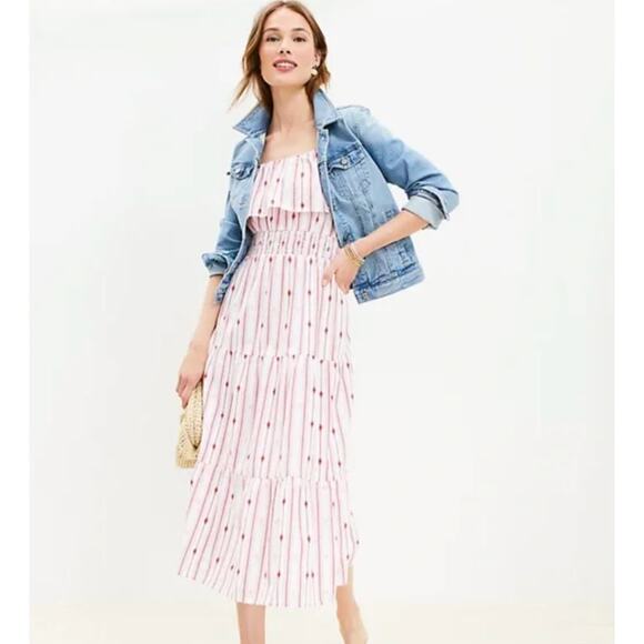 Ann Taylor LOFT Dresses & Skirts - NWT LOFT Striped Ruffle Strappy Tiered Smocked Midi Dress White Red Pink XS